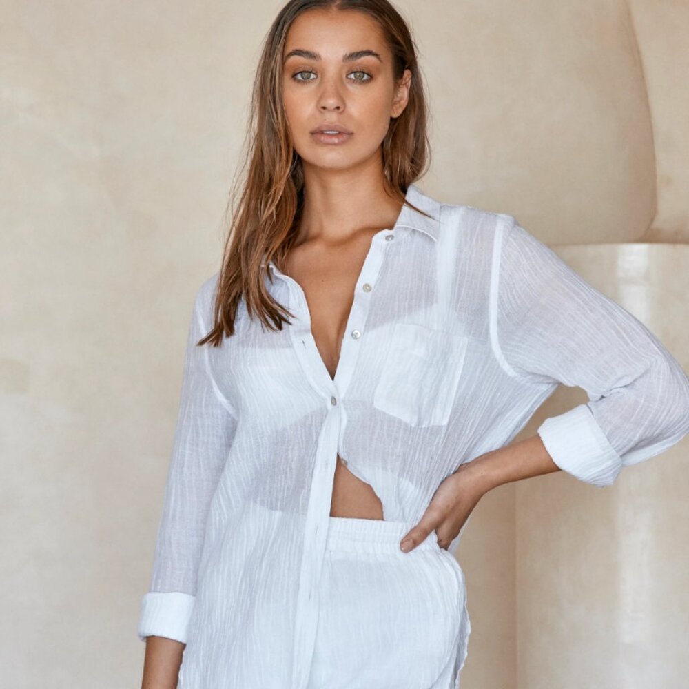 White Crinkle Linen Button Down - Size L- Monday Swimwear